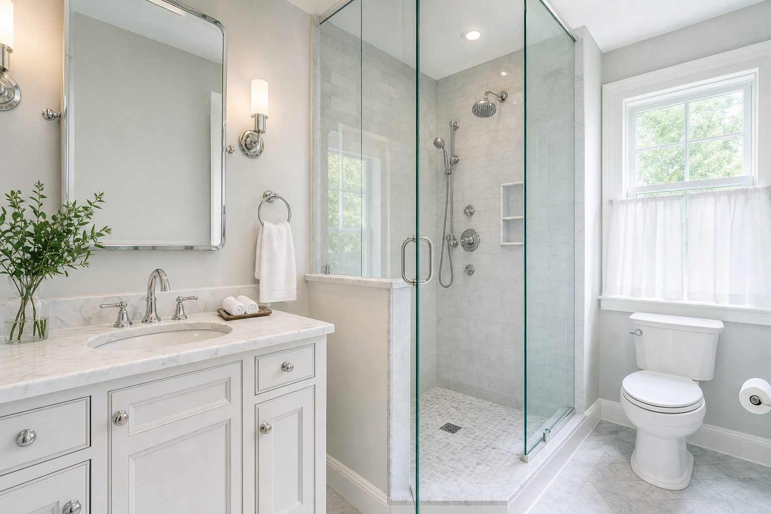 Gleaming finished bathroom after plumbing work by UI Test Plumbing Co