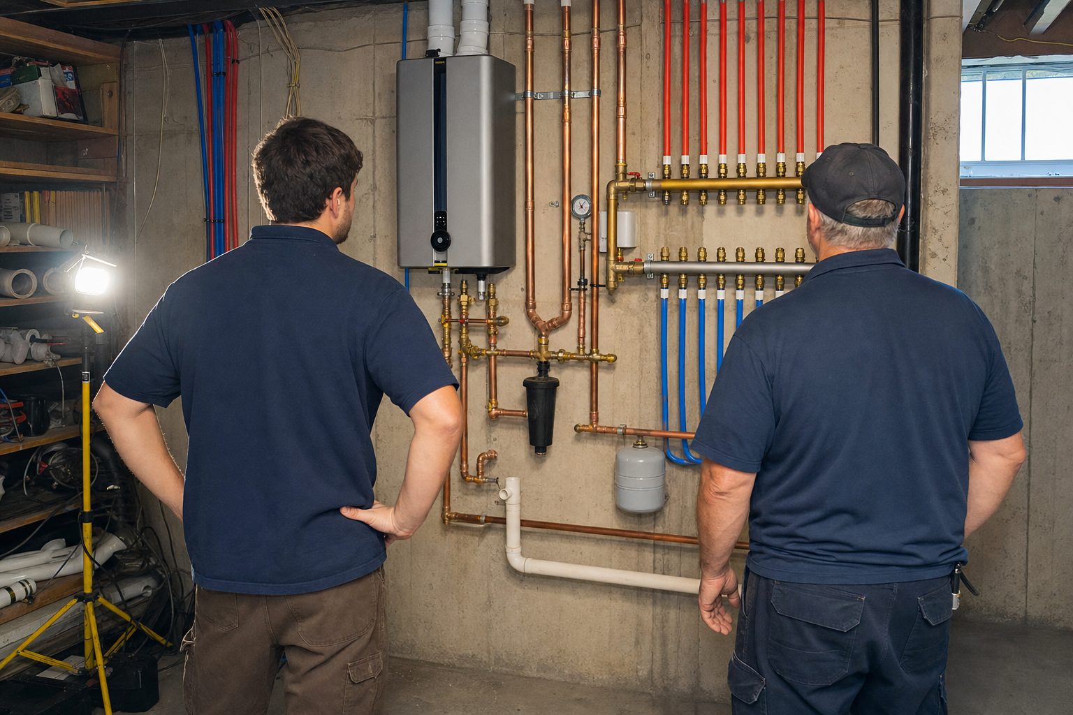 The UI Test Plumbing Co crew in a mechanical room reviewing the job