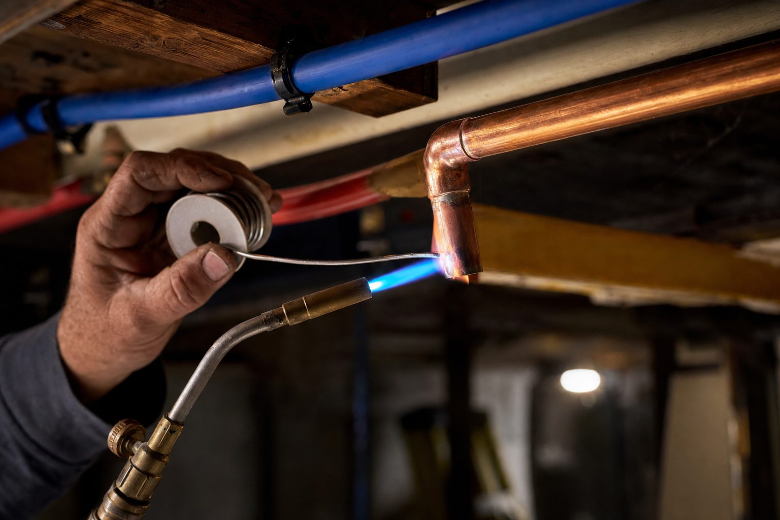 Close-up of a UI Test Plumbing Co plumber sweating a copper fitting